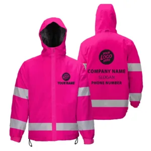 Hi Vis Jacket Waterproof And Windproof Pink Neon Custom Name, Logo And Company Reflective Safety Workwear