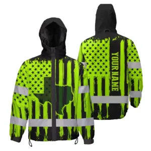 Hi Vis Jacket Waterproof Reflective Green Neon US Flag Custom State And Name Safety Workwear