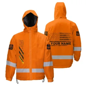 Hi Vis Jacket Waterproof Reflective Orange USA Flag Custom Name Safety Workwear