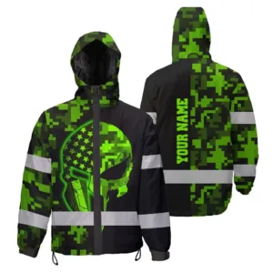 Hi Vis Jacket Waterproof Reflective Skull US Flag Camo Neon 2 Custom Name Safety Workwear