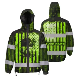 Hi Vis Jacket Waterproof Reflective Skull USA Flag Green Neon Safety Workwear Custom Name