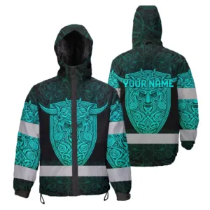 Hi Vis  Jacket Waterproof Reflective Tapes Black Blue Neon Viking Custom Name Safety Workwear For Workers, Runners, Cyclists