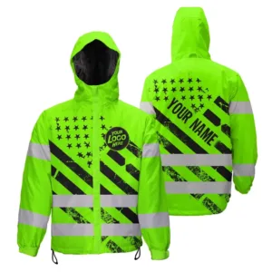 Hi Vis Jacket Waterproof Reflective Tapes Black Green USA Flag Custom Name And Logo Safety Workwear