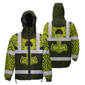 Hi Vis Jacket Waterproof Reflective Tapes Black Lime Neon Viking Custom Name Safety Workwear For Workers, Runners, Cyclists