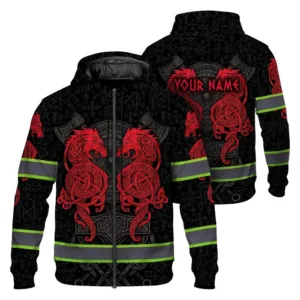 Hi Vis Zip Hoodie Reflective Tapes Black Red Neon Viking Custom Name Safety Workwear For Workers, Runners, Cyclists