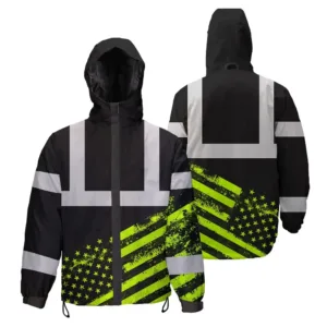 Hi Vis Jacket Waterproof Reflective Tapes Black USA Flag Custom Name Safety Workwear