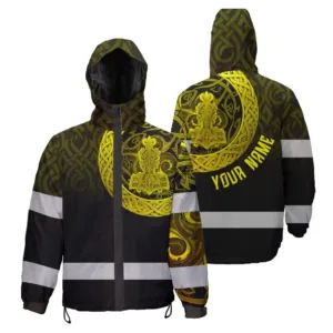 Hi Vis  Jacket Waterproof Reflective Tapes Black Yellow Neon Viking Custom Name Safety Workwear For Workers, Runners, Cyclists