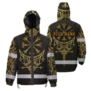 Hi Vis Jacket Waterproof Reflective Tapes Black Yellow Neon Viking Custom Name Safety Workwear For Workers, Runners, Cyclists