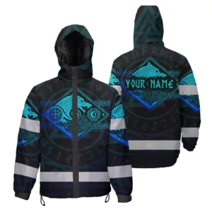 Hi Vis  Jacket Waterproof Reflective Tapes Gradient Blue Neon Viking Custom Name Safety Workwear For Workers, Runners, Cyclists