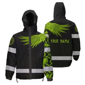 Hi Vis  Jacket Waterproof Reflective Tapes Gradient Lime Neon Viking Custom Name Safety Workwear For Workers, Runners, Cyclists