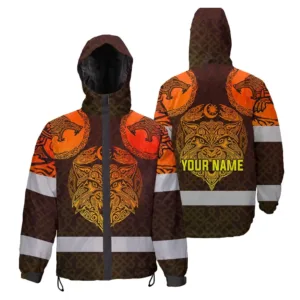 Hi Vis  Jacket Waterproof Reflective Tapes Gradient Orange And Yellow Neon Viking Custom Name Safety Workwear For Workers, Runners, Cyclists