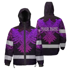 Hi Vis  Jacket Waterproof Reflective Tapes Gradient Violet And Pink Neon Eagle Viking Custom Name Safety Workwear For Workers, Runners, Cyclists