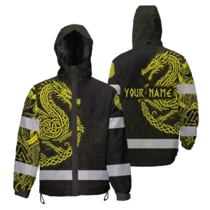 Hi Vis  Jacket Waterproof Reflective Tapes Gradient Yellow Neon Dragon Viking Custom Name Safety Workwear For Workers, Runners, Cyclists