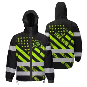 Hi Vis Jacket Waterproof Reflective Tapes Green Black USA Flag Custom Name And Logo Safety Workwear