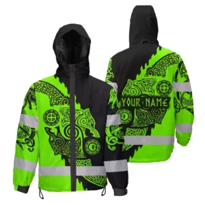 Hi Vis  Jacket Waterproof Reflective Tapes Green Neon And Black Viking Custom Name Safety Workwear For Workers, Runners, Cyclists