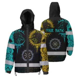 Hi Vis  Jacket Waterproof Reflective Tapes Green Neon And Yellow Viking Custom Name Safety Workwear For Workers, Runners, Cyclists