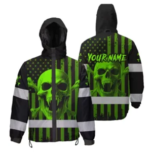 Hi Vis Jacket Waterproof Reflective Tapes Green Neon Skull US Flag 2 Custom Name