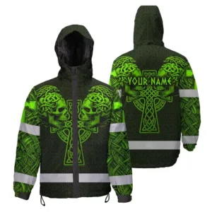 Hi Vis Jacket Waterproof Reflective Tapes Green Neon Viking 2 Custom Name Safety Workwear For Workers, Runners, Cyclists