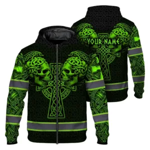 Hi Vis Zip Hoodie Reflective Tapes Green Neon Viking 2 Custom Name Safety Workwear For Workers, Runners, Cyclists