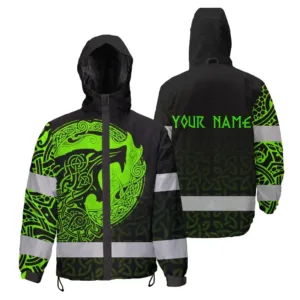 Hi Vis Jacket Waterproof Reflective Tapes Green Neon Wolf Viking Custom Name Safety Workwear