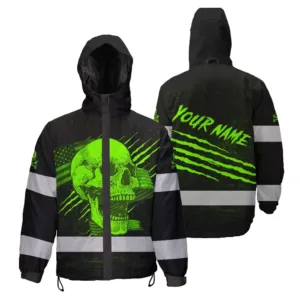 Hi Vis Jacket Waterproof Reflective Tapes Green Skull And US Flag Custom Name