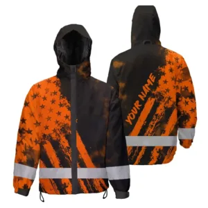 Hi Vis Jacket Waterproof Reflective Tapes Orange Neon And Black Custom Name US Flag