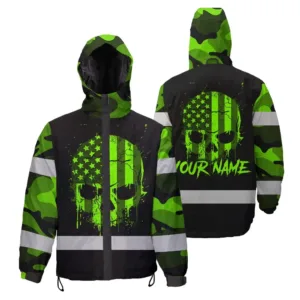 Hi Vis Jacket Waterproof Reflective Tapes Skull Camo USA Flag Custom Name Safety Workwear