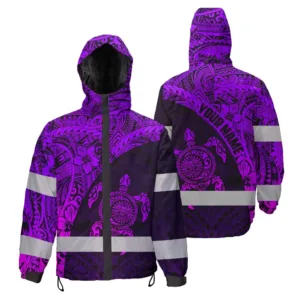 Hi Vis Jacket Waterproof Reflective Tapes Violet Neon Turtle Hawaiian Polynesian Custom Name