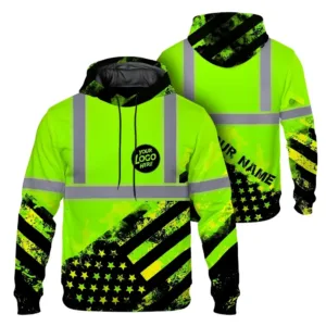 Hi Vis Reflective Green American Flag Custom Name And Logo Hoodie Safety Workwear