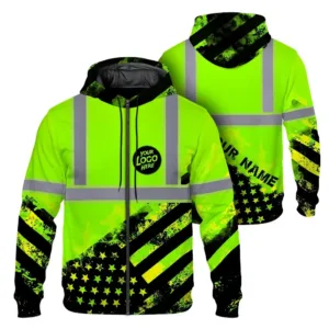 Hi Vis Reflective Green American Flag Custom Name And Logo Zip Hoodie Safety Workwear