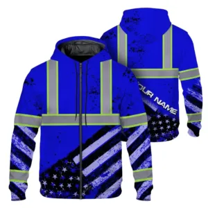 Hi Vis Zip Hoodie Reflective Blue US Flag Paint Custom Name Safety Workwear
