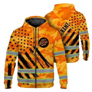 Hi Vis Zip Hoodie Reflective Camo Orange Neon US Flag Custom Name Safety Workwear For Truckers, Workers, Runners, Cyclists, Patriotic