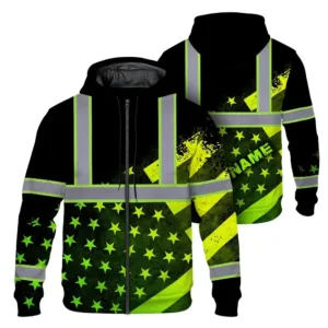 Hi Vis Zip Hoodie Reflective Gradient USA Flag  Custom Name Safety Workwear