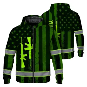 Hi Vis Zip Hoodie Reflective Green Neon Gun US Flag Custom Name Safety Workwear For Workers, Runners, Cyclists, Patriotic