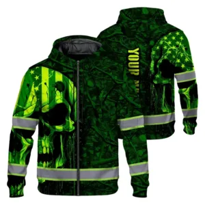 Hi Vis Zip Hoodie Reflective Green Neon Hunting Camo Skull Custom Name Safety Workwear For Workers, Runners, Cyclists, Skull Lover