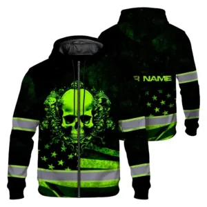 Hi Vis Zip Hoodie Reflective Green Neon Skull USA Flag Custom Name Safety Workwear For Workers, Runners, Cyclists, Patriotic