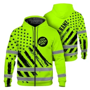 Hi Vis Zip Hoodie Reflective Green Neon US Flag 2 Custom Name Safety Workwear For Truckers, Workers, Runners, Cyclists, Patriotic