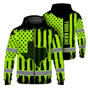 Hi Vis Zip Hoodie Reflective Green Neon US Flag Custom State And Name Safety Workwear