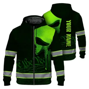 Hi Vis Zip Hoodie Reflective Green Neon USA Patriotic Skull Custom Name Safety Workwear For Workers, Runners, Cyclists, Patriotic