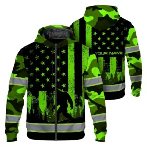 Hi Vis Zip Hoodie Reflective Green USA Flag With Gorillas Workwear For Workers, Truckers, Cyclists, Patriotic
