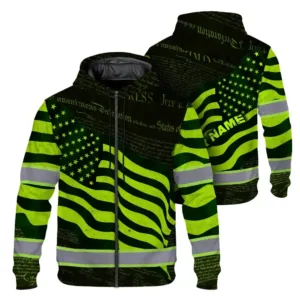 Hi Vis Zip Hoodie Reflective Independence USA Flag Custom Name Safety Workwear