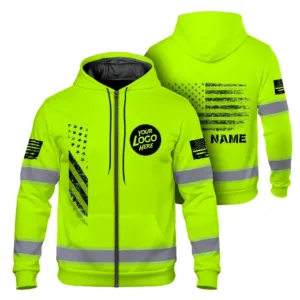 Hi Vis Zip Hoodie Reflective Lime USA Flag Custom Name And Logo Safety Workwear