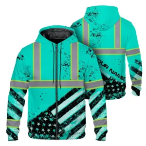 Hi Vis Zip Hoodie Reflective Mint US Flag Paint Custom Name Safety Workwear