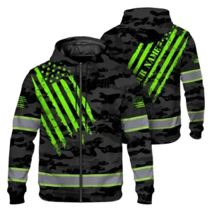 Hi Vis Zip Hoodie Reflective Orange Neon Skull Fire Custom Name Safety Workwear For Workers, Runners, Cyclists, Patriotic
