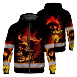 Hi Vis Zip Hoodie Reflective Orange Neon Skull Fire Custom Name Safety Workwear For Workers, Runners, Cyclists, Patriotic