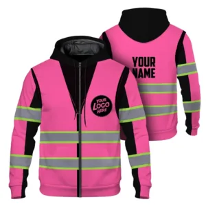 Hi Vis Zip Hoodie Reflective Pink Custom Name And Logo Workwear Safety 3D All Over Printed