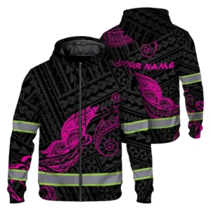 Hi Vis Zip Hoodie Reflective Pink Neon Butterfly Hawaii Polynesian Custom Name Safety Workwear For Workers, Runners, Cyclists, Patriotic