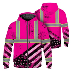 Hi Vis Zip Hoodie Reflective Pink US Flag Paint Custom Name Safety Workwear