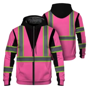 Hi Vis Zip Hoodie Reflective Pink Workwear Safety For Women 3D All Over Printed