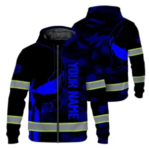 Hi Vis Zip Hoodie Reflective Skull Blue Camo Neon US Flag Custom Name Safety Workwear